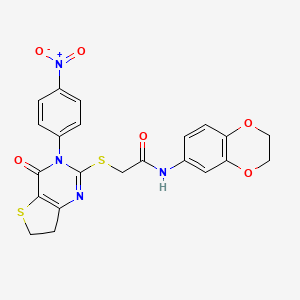 molecular formula C22H18N4O6S2 B2390698 N-(2,3-dihydrobenzo[b][1,4]dioxin-6-yl)-2-((3-(4-nitrophenyl)-4-oxo-3,4,6,7-tetrahydrothieno[3,2-d]pyrimidin-2-yl)thio)acetamide CAS No. 687568-44-1