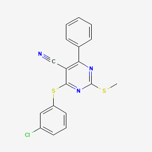 molecular formula C18H12ClN3S2 B2390811 4-[(3-Chlorophenyl)sulfanyl]-2-(methylsulfanyl)-6-phenyl-5-pyrimidinecarbonitrile CAS No. 341965-69-3