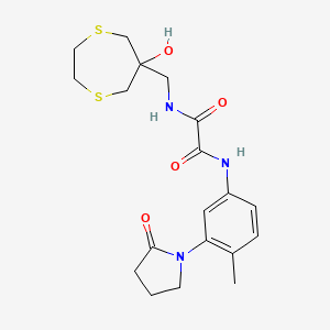 molecular formula C19H25N3O4S2 B2390940 N'-[(6-hydroxy-1,4-dithiepan-6-yl)methyl]-N-[4-methyl-3-(2-oxopyrrolidin-1-yl)phenyl]ethanediamide CAS No. 2415568-92-0