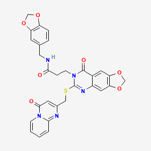 molecular formula C29H23N5O7S B2391608 N-(1,3-benzodioxol-5-ylmethyl)-3-[8-oxo-6-[(4-oxopyrido[1,2-a]pyrimidin-2-yl)methylsulfanyl]-[1,3]dioxolo[4,5-g]quinazolin-7-yl]propanamide CAS No. 688059-50-9
