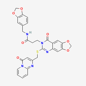 N-(1,3-benzodioxol-5-ylmethyl)-3-[8-oxo-6-[(4-oxopyrido[1,2-a]pyrimidin-2-yl)methylsulfanyl]-[1,3]dioxolo[4,5-g]quinazolin-7-yl]propanamide