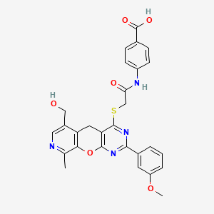molecular formula C28H24N4O6S B2391661 4-(2-((6-(hydroxymethyl)-2-(3-methoxyphenyl)-9-methyl-5H-pyrido[4',3':5,6]pyrano[2,3-d]pyrimidin-4-yl)thio)acetamido)benzoic acid CAS No. 892381-68-9