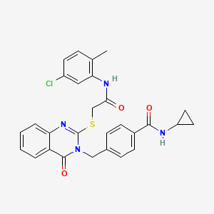 molecular formula C28H25ClN4O3S B2391685 4-((2-((2-((5-chloro-2-methylphenyl)amino)-2-oxoethyl)thio)-4-oxoquinazolin-3(4H)-yl)methyl)-N-cyclopropylbenzamide CAS No. 1115360-35-4