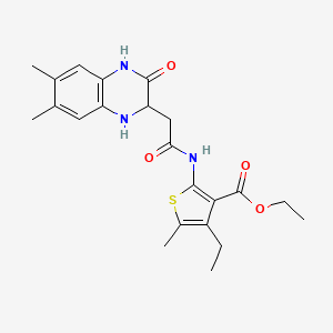molecular formula C22H27N3O4S B2391720 Ethyl 2-{[(6,7-dimethyl-3-oxo-1,2,3,4-tetrahydroquinoxalin-2-yl)acetyl]amino}-4-ethyl-5-methylthiophene-3-carboxylate CAS No. 1043553-84-9