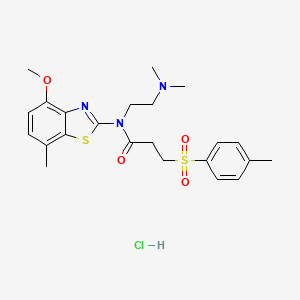 molecular formula C23H30ClN3O4S2 B2391786 N-(2-(dimethylamino)ethyl)-N-(4-methoxy-7-methylbenzo[d]thiazol-2-yl)-3-tosylpropanamide hydrochloride CAS No. 1217101-34-2