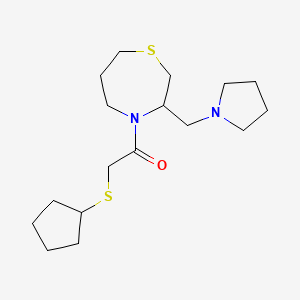 molecular formula C17H30N2OS2 B2391954 2-(Cyclopentylthio)-1-(3-(pyrrolidin-1-ylmethyl)-1,4-thiazepan-4-yl)ethanone CAS No. 1421464-17-6