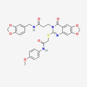 molecular formula C29H26N4O8S B2391987 N-(1,3-benzodioxol-5-ylmethyl)-3-[6-[2-(4-methoxyanilino)-2-oxoethyl]sulfanyl-8-oxo-[1,3]dioxolo[4,5-g]quinazolin-7-yl]propanamide CAS No. 896705-95-6
