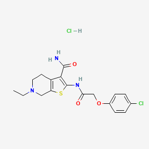 molecular formula C18H21Cl2N3O3S B2392261 2-(2-(4-Chlorophenoxy)acetamido)-6-ethyl-4,5,6,7-tetrahydrothieno[2,3-c]pyridine-3-carboxamide hydrochloride CAS No. 1215707-26-8