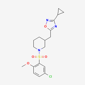 molecular formula C18H22ClN3O4S B2392265 5-((1-((5-Chloro-2-methoxyphenyl)sulfonyl)piperidin-3-yl)methyl)-3-cyclopropyl-1,2,4-oxadiazole CAS No. 1705765-61-2
