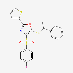 molecular formula C21H16FNO3S3 B2392290 4-((4-Fluorophenyl)sulfonyl)-5-((1-phenylethyl)thio)-2-(thiophen-2-yl)oxazole CAS No. 850927-93-4