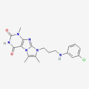 molecular formula C19H21ClN6O2 B2392318 8-(3-((3-chlorophenyl)amino)propyl)-1,6,7-trimethyl-1H-imidazo[2,1-f]purine-2,4(3H,8H)-dione CAS No. 923228-87-9