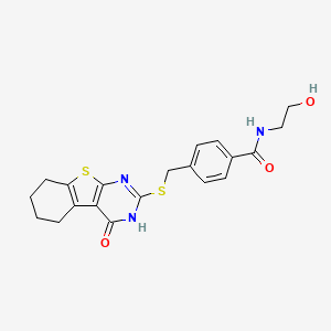 molecular formula C20H21N3O3S2 B2392319 N-(2-hydroxyethyl)-4-(((4-oxo-3,4,5,6,7,8-hexahydrobenzo[4,5]thieno[2,3-d]pyrimidin-2-yl)thio)methyl)benzamide CAS No. 325693-16-1