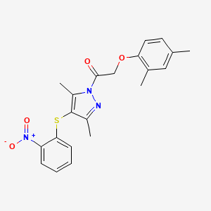 molecular formula C21H21N3O4S B2392333 1-{3,5-dimethyl-4-[(2-nitrophenyl)sulfanyl]-1H-pyrazol-1-yl}-2-(2,4-dimethylphenoxy)ethan-1-one CAS No. 957363-99-4