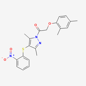 molecular formula C21H21N3O4S B2392333 1-[3,5-Dimethyl-4-(2-nitrophenyl)sulfanylpyrazol-1-yl]-2-(2,4-dimethylphenoxy)ethanone CAS No. 957363-99-4