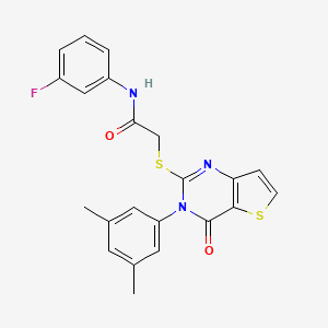molecular formula C22H18FN3O2S2 B2392340 2-{[3-(3,5-dimethylphenyl)-4-oxo-3,4-dihydrothieno[3,2-d]pyrimidin-2-yl]sulfanyl}-N-(3-fluorophenyl)acetamide CAS No. 1260928-17-3
