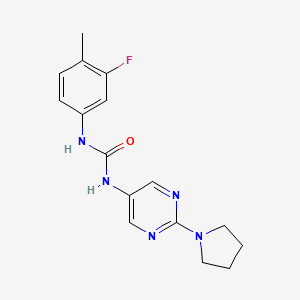 molecular formula C16H18FN5O B2392343 1-(3-Fluoro-4-methylphenyl)-3-(2-(pyrrolidin-1-yl)pyrimidin-5-yl)urea CAS No. 1396846-04-0