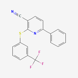 molecular formula C19H11F3N2S B2392360 6-Phenyl-2-{[3-(trifluoromethyl)phenyl]sulfanyl}nicotinonitrile CAS No. 252058-96-1