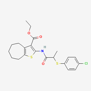 molecular formula C21H24ClNO3S2 B2392414 ethyl 2-(2-((4-chlorophenyl)thio)propanamido)-5,6,7,8-tetrahydro-4H-cyclohepta[b]thiophene-3-carboxylate CAS No. 403843-90-3