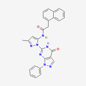 molecular formula C27H21N7O2 B2392576 N-(3-methyl-1-(4-oxo-1-phenyl-4,5-dihydro-1H-pyrazolo[3,4-d]pyrimidin-6-yl)-1H-pyrazol-5-yl)-2-(naphthalen-1-yl)acetamide CAS No. 1019098-05-5