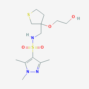 molecular formula C13H23N3O4S2 B2392701 N-((3-(2-hydroxyethoxy)tetrahydrothiophen-3-yl)methyl)-1,3,5-trimethyl-1H-pyrazole-4-sulfonamide CAS No. 2320576-70-1