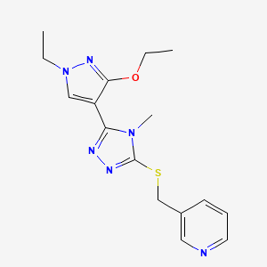 molecular formula C16H20N6OS B2392728 3-(((5-(3-ethoxy-1-ethyl-1H-pyrazol-4-yl)-4-methyl-4H-1,2,4-triazol-3-yl)thio)methyl)pyridine CAS No. 1013787-52-4