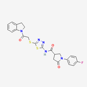 molecular formula C23H20FN5O3S2 B2392783 1-(4-fluorophenyl)-N-(5-((2-(indolin-1-yl)-2-oxoethyl)thio)-1,3,4-thiadiazol-2-yl)-5-oxopyrrolidine-3-carboxamide CAS No. 872595-42-1