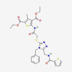 molecular formula C28H29N5O6S3 B2392795 diethyl 5-(2-((4-benzyl-5-((thiophene-2-carboxamido)methyl)-4H-1,2,4-triazol-3-yl)thio)acetamido)-3-methylthiophene-2,4-dicarboxylate CAS No. 393805-72-6