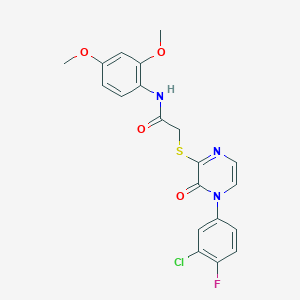 molecular formula C20H17ClFN3O4S B2392819 2-((4-(3-chloro-4-fluorophenyl)-3-oxo-3,4-dihydropyrazin-2-yl)thio)-N-(2,4-dimethoxyphenyl)acetamide CAS No. 899744-02-6