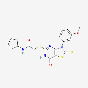 molecular formula C19H20N4O3S3 B2392827 N-cyclopentyl-2-((3-(3-methoxyphenyl)-7-oxo-2-thioxo-2,3,6,7-tetrahydrothiazolo[4,5-d]pyrimidin-5-yl)thio)acetamide CAS No. 1040652-94-5