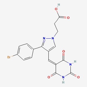 molecular formula C17H13BrN4O5 B2392930 3-(3-(4-bromophenyl)-4-((2,4,6-trioxotetrahydropyrimidin-5(2H)-ylidene)methyl)-1H-pyrazol-1-yl)propanoic acid CAS No. 882223-26-9