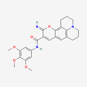 molecular formula C25H27N3O5 B2393066 11-imino-N-(3,4,5-trimethoxyphenyl)-2,3,6,7-tetrahydro-1H,5H,11H-pyrano[2,3-f]pyrido[3,2,1-ij]quinoline-10-carboxamide CAS No. 865657-01-8