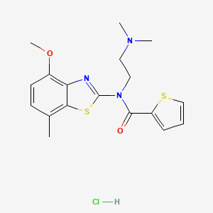 molecular formula C18H22ClN3O2S2 B2393415 N-(2-(dimethylamino)ethyl)-N-(4-methoxy-7-methylbenzo[d]thiazol-2-yl)thiophene-2-carboxamide hydrochloride CAS No. 1216486-67-7