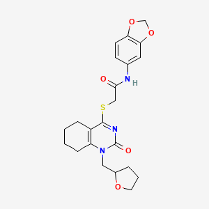 molecular formula C22H25N3O5S B2393447 N-(benzo[d][1,3]dioxol-5-yl)-2-((2-oxo-1-((tetrahydrofuran-2-yl)methyl)-1,2,5,6,7,8-hexahydroquinazolin-4-yl)thio)acetamide CAS No. 899951-78-1