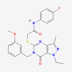 molecular formula C24H24FN5O3S B2393486 2-((1-ethyl-6-(3-methoxybenzyl)-3-methyl-7-oxo-6,7-dihydro-1H-pyrazolo[4,3-d]pyrimidin-5-yl)thio)-N-(4-fluorophenyl)acetamide CAS No. 1359313-05-5