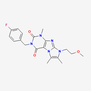 molecular formula C20H22FN5O3 B2393595 2-[(4-Fluorophenyl)methyl]-6-(2-methoxyethyl)-4,7,8-trimethylpurino[7,8-a]imidazole-1,3-dione CAS No. 878411-07-5