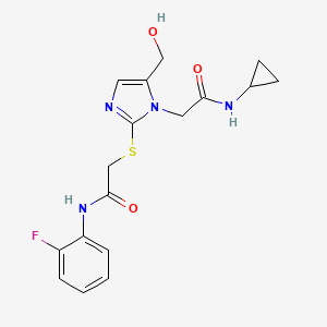 molecular formula C17H19FN4O3S B2393616 N-cyclopropyl-2-(2-((2-((2-fluorophenyl)amino)-2-oxoethyl)thio)-5-(hydroxymethyl)-1H-imidazol-1-yl)acetamide CAS No. 921567-48-8