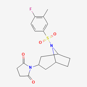 molecular formula C18H21FN2O4S B2393715 1-((1R,5S)-8-((4-fluoro-3-methylphenyl)sulfonyl)-8-azabicyclo[3.2.1]octan-3-yl)pyrrolidine-2,5-dione CAS No. 2058514-25-1