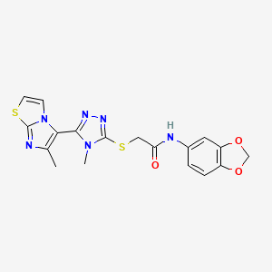 molecular formula C18H16N6O3S2 B2393749 N-(benzo[d][1,3]dioxol-5-yl)-2-((4-methyl-5-(6-methylimidazo[2,1-b]thiazol-5-yl)-4H-1,2,4-triazol-3-yl)thio)acetamide CAS No. 1105251-54-4