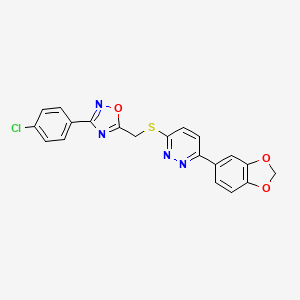 molecular formula C20H13ClN4O3S B2393841 3-(1,3-Benzodioxol-5-yl)-6-({[3-(4-chlorophenyl)-1,2,4-oxadiazol-5-yl]methyl}sulfanyl)pyridazine CAS No. 1111290-59-5