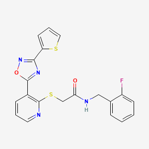 molecular formula C20H15FN4O2S2 B2393866 N-(2-fluorobenzyl)-2-((3-(3-(thiophen-2-yl)-1,2,4-oxadiazol-5-yl)pyridin-2-yl)thio)acetamide CAS No. 1251631-33-0