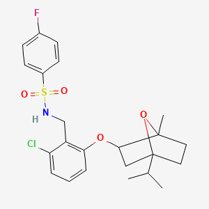 molecular formula C23H27ClFNO4S B2393899 N-{2-chloro-6-[(4-isopropyl-1-methyl-7-oxabicyclo[2.2.1]hept-2-yl)oxy]benzyl}-4-fluorobenzenesulfonamide CAS No. 1005118-19-3
