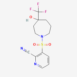 molecular formula C13H14F3N3O3S B2393919 3-[4-Hydroxy-4-(trifluoromethyl)azepan-1-yl]sulfonylpyridine-2-carbonitrile CAS No. 2224021-41-2
