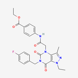 molecular formula C26H26FN5O5 B2394037 ethyl 4-(2-(1-ethyl-6-(4-fluorobenzyl)-3-methyl-5,7-dioxo-6,7-dihydro-1H-pyrazolo[4,3-d]pyrimidin-4(5H)-yl)acetamido)benzoate CAS No. 1358671-99-4