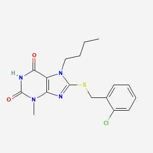 molecular formula C17H19ClN4O2S B2394263 7-butyl-8-((2-chlorobenzyl)thio)-3-methyl-1H-purine-2,6(3H,7H)-dione CAS No. 332103-34-1