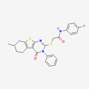 molecular formula C25H22FN3O2S2 B2395354 N-(4-fluorophenyl)-2-[(7-methyl-4-oxo-3-phenyl-5,6,7,8-tetrahydro-[1]benzothiolo[2,3-d]pyrimidin-2-yl)sulfanyl]acetamide CAS No. 618394-61-9