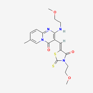 molecular formula C19H22N4O4S2 B2395366 (Z)-3-(2-methoxyethyl)-5-((2-((2-methoxyethyl)amino)-7-methyl-4-oxo-4H-pyrido[1,2-a]pyrimidin-3-yl)methylene)-2-thioxothiazolidin-4-one CAS No. 488136-20-5