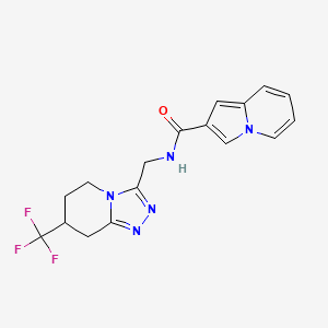 molecular formula C17H16F3N5O B2395403 N-((7-(trifluoromethyl)-5,6,7,8-tetrahydro-[1,2,4]triazolo[4,3-a]pyridin-3-yl)methyl)indolizine-2-carboxamide CAS No. 2034557-29-2