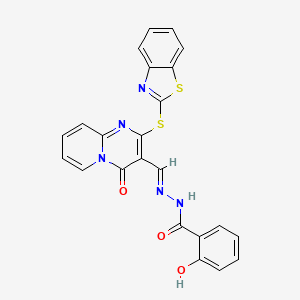 molecular formula C23H15N5O3S2 B2395419 (E)-N'-((2-(benzo[d]thiazol-2-ylthio)-4-oxo-4H-pyrido[1,2-a]pyrimidin-3-yl)methylene)-2-hydroxybenzohydrazide CAS No. 369611-36-9