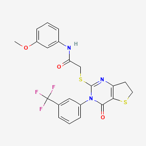 molecular formula C22H18F3N3O3S2 B2395433 N-(3-methoxyphenyl)-2-((4-oxo-3-(3-(trifluoromethyl)phenyl)-3,4,6,7-tetrahydrothieno[3,2-d]pyrimidin-2-yl)thio)acetamide CAS No. 877654-21-2