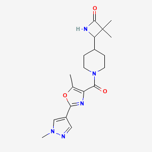 3,3-Dimethyl-4-[1-[5-methyl-2-(1-methylpyrazol-4-yl)-1,3-oxazole-4-carbonyl]piperidin-4-yl]azetidin-2-one